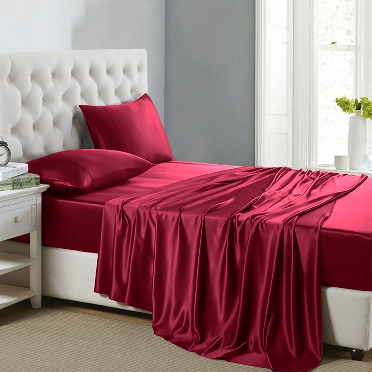 Silk like Satin Sheets, Queen Size Bed Sheet Set, Light Gray, 4 Piece