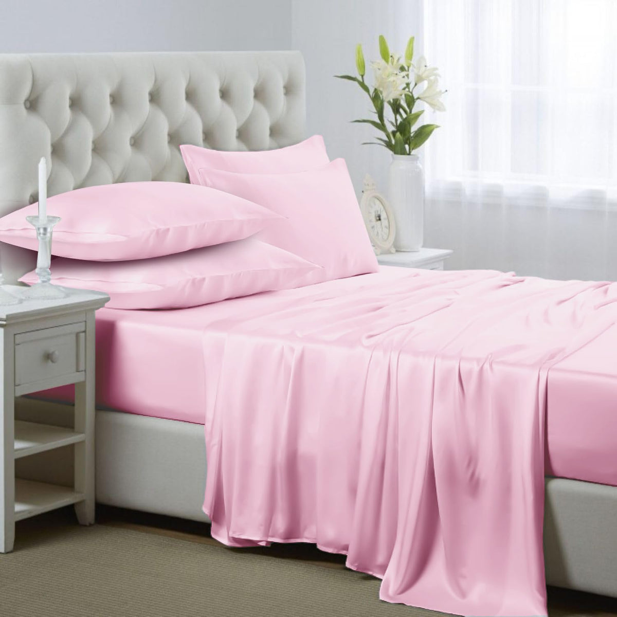 Silk like Satin Sheets, Queen Size Bed Sheet Set, Light Gray, 4 Piece