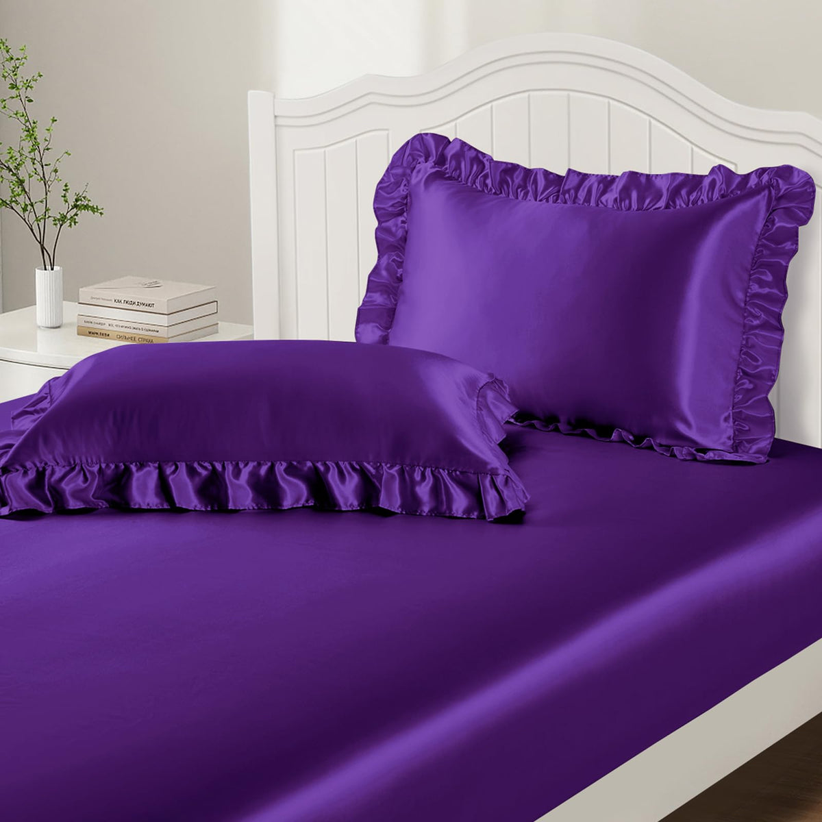 P Pothuiny 3-Piece Set Ruffle Satin Pillowcases & Twin Fitted Sheet