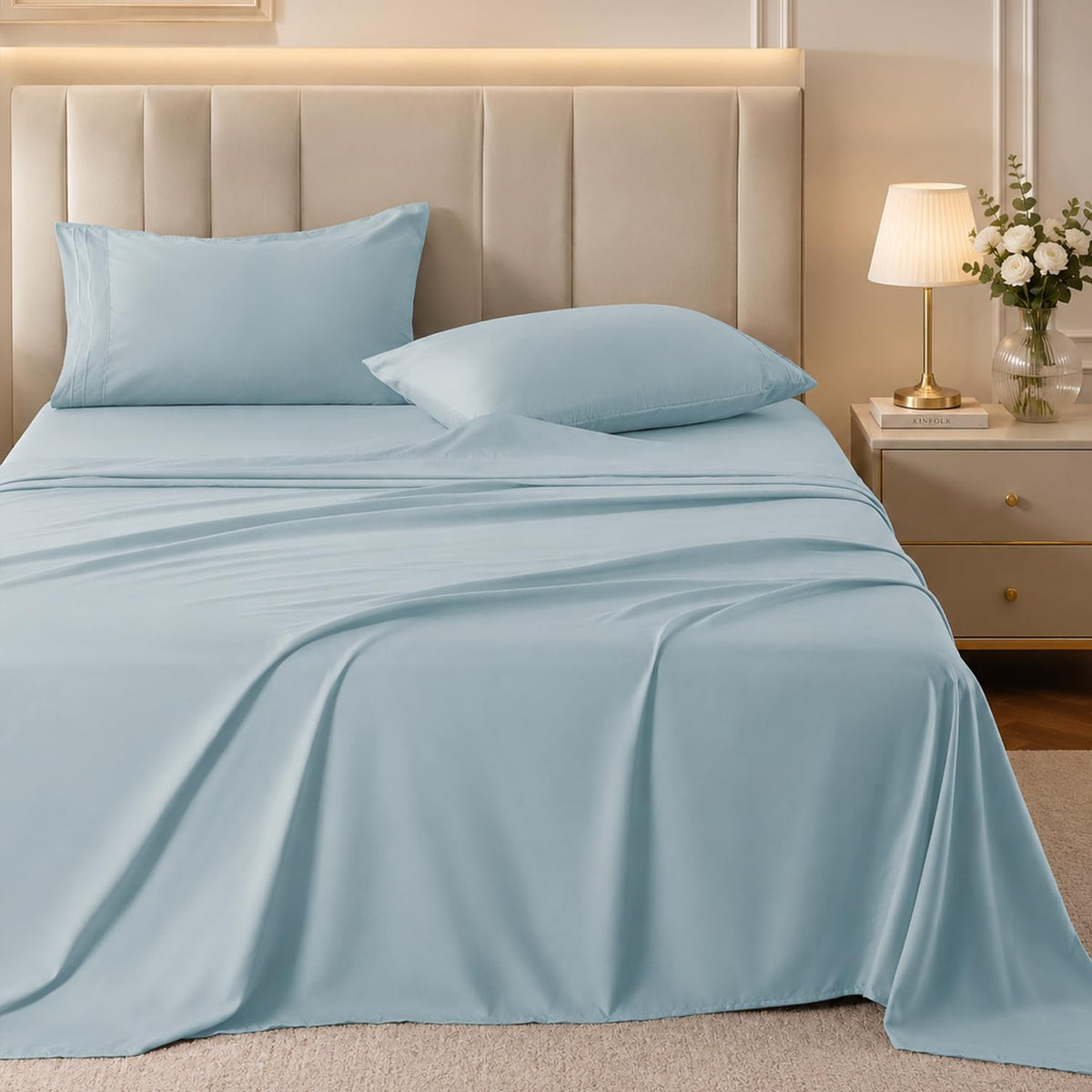 ROSE&RISY White Queen Sheet Set, 4 Pieces Soft Bedding Queen Sheet Set, Breathable and Cooling Sheets, Deep Pocket with 1 Fitted, 1 Flat, 2 Pillow Cases (White, Queen Size)