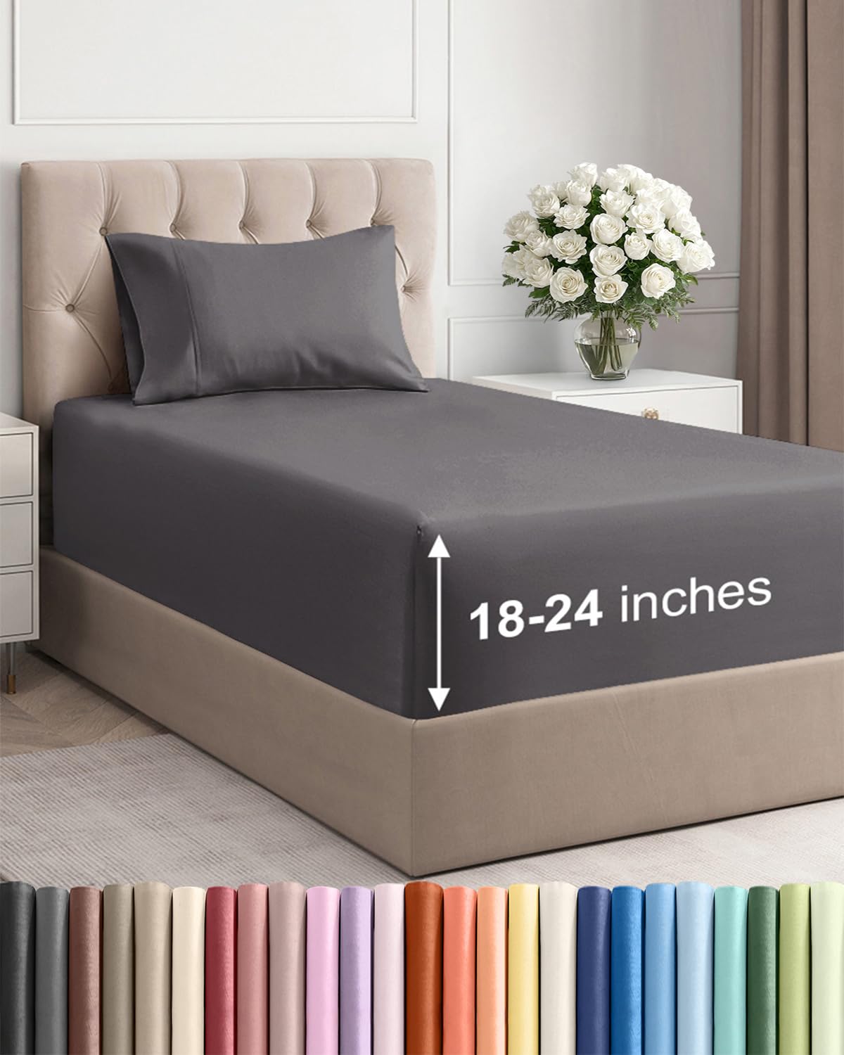 Extra Deep Queen Sheet Set - 4 Piece Breathable Cooling Sheets - Dark Grey