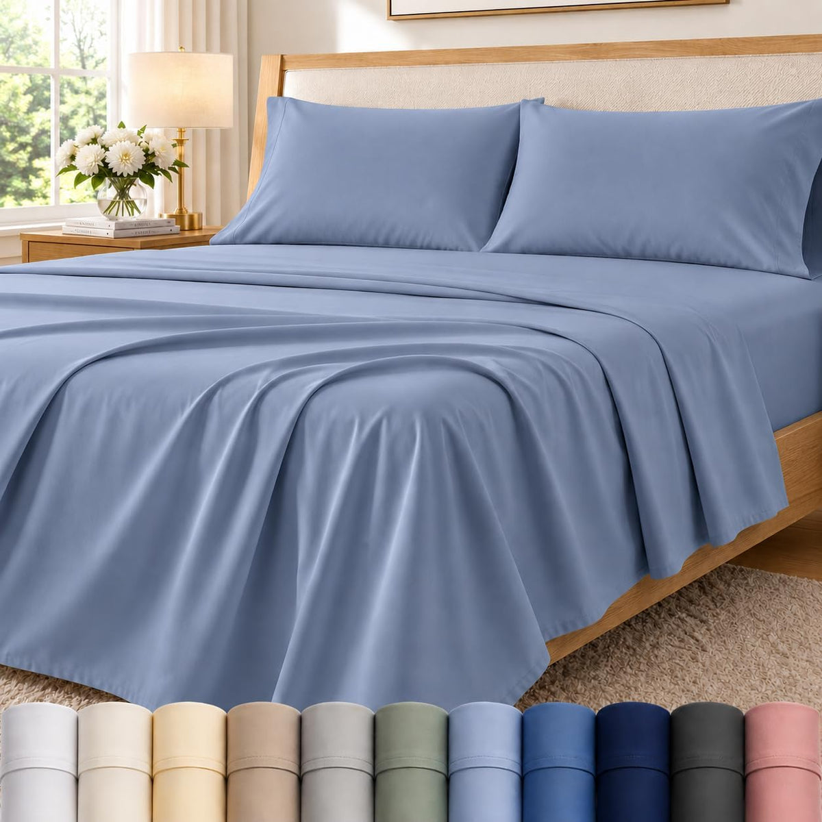 Queen Sheet Set, 400 Thread Count Bed Sheets Queen Size Set - French Blue