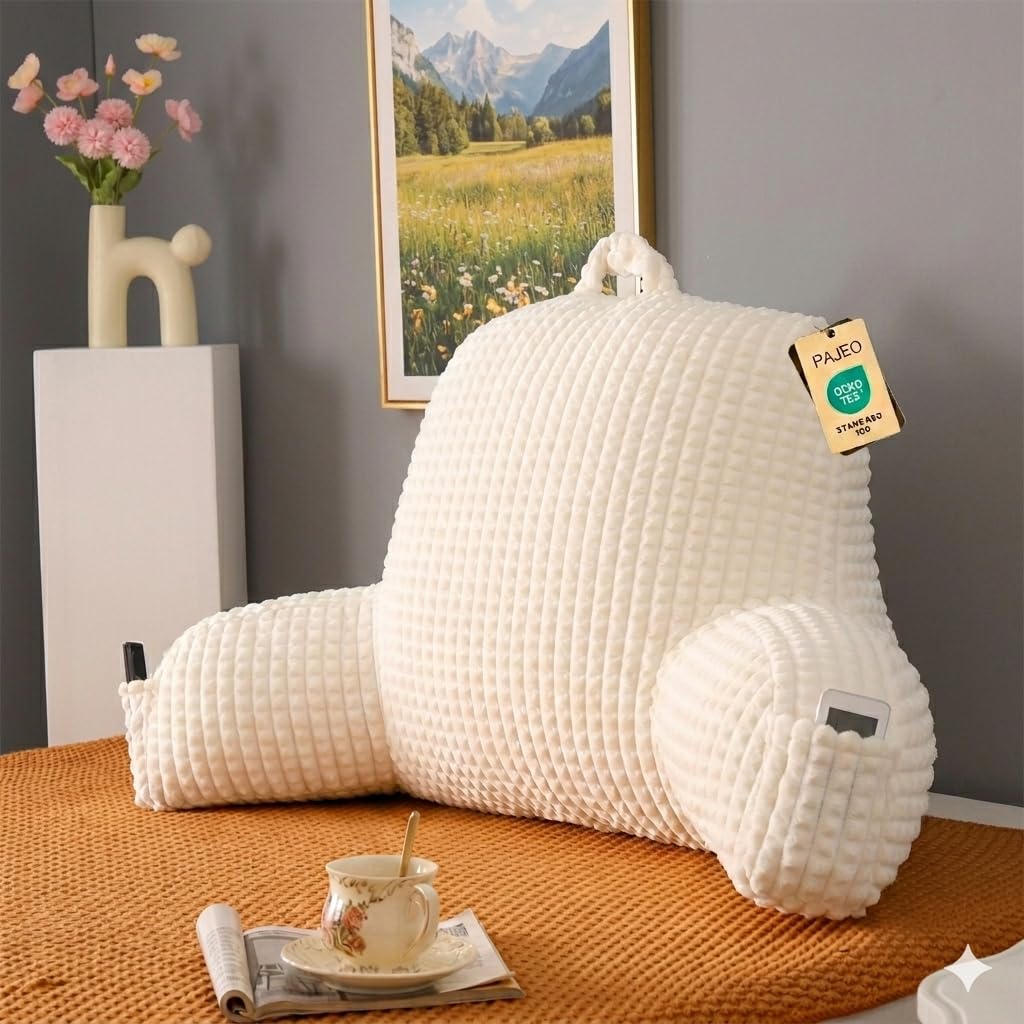 Reading Pillow for Sitting in Bed with Arm,White Corduroy, M