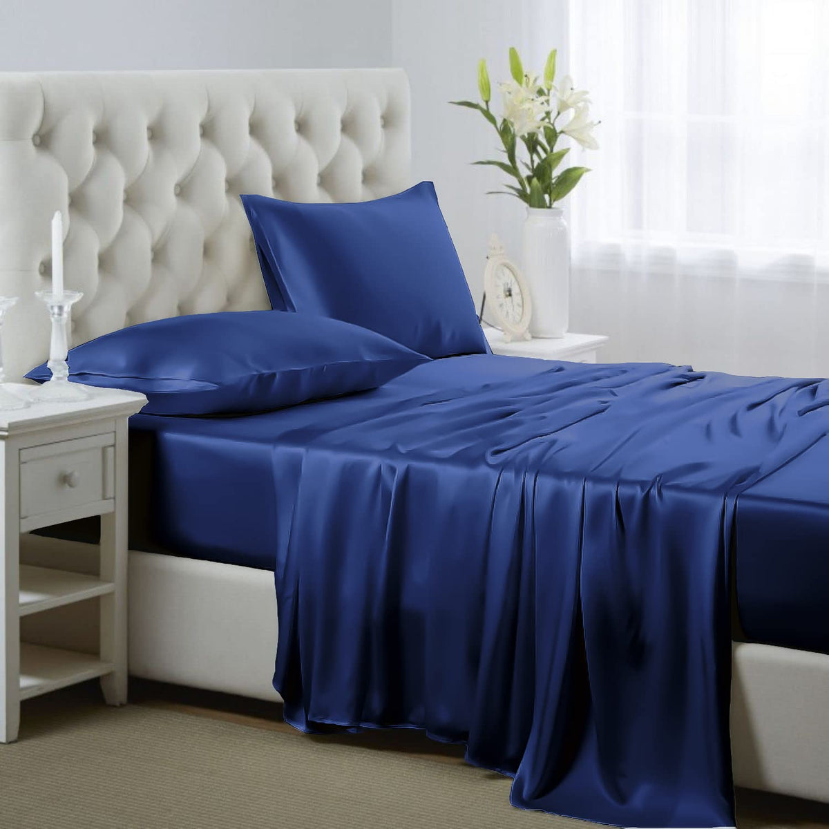 Silk like Satin Sheets, Queen Size Bed Sheet Set, Light Gray, 4 Piece