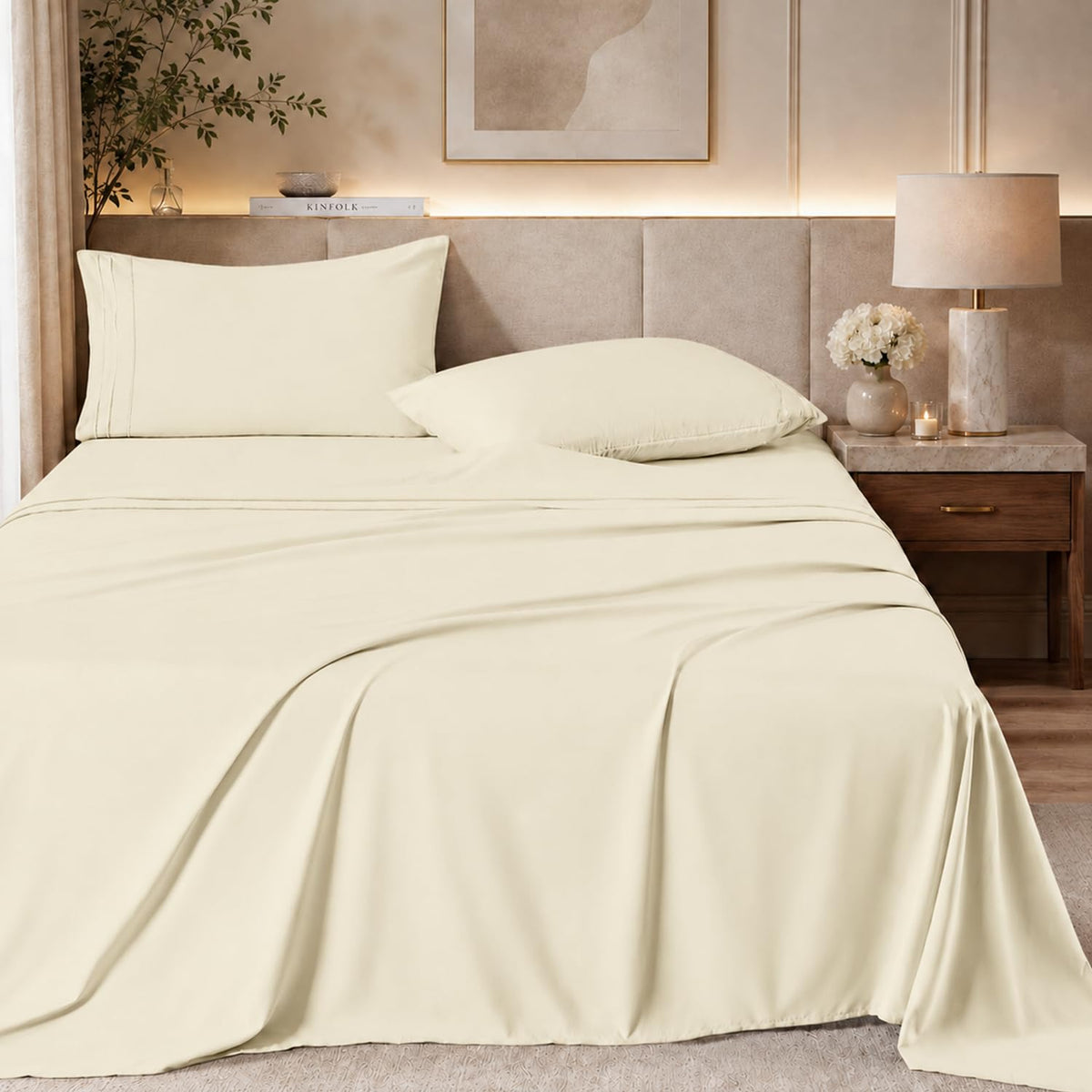 ROSE&RISY White Queen Sheet Set, 4 Pieces Soft Bedding Queen Sheet Set, Breathable and Cooling Sheets, Deep Pocket with 1 Fitted, 1 Flat, 2 Pillow Cases (White, Queen Size)