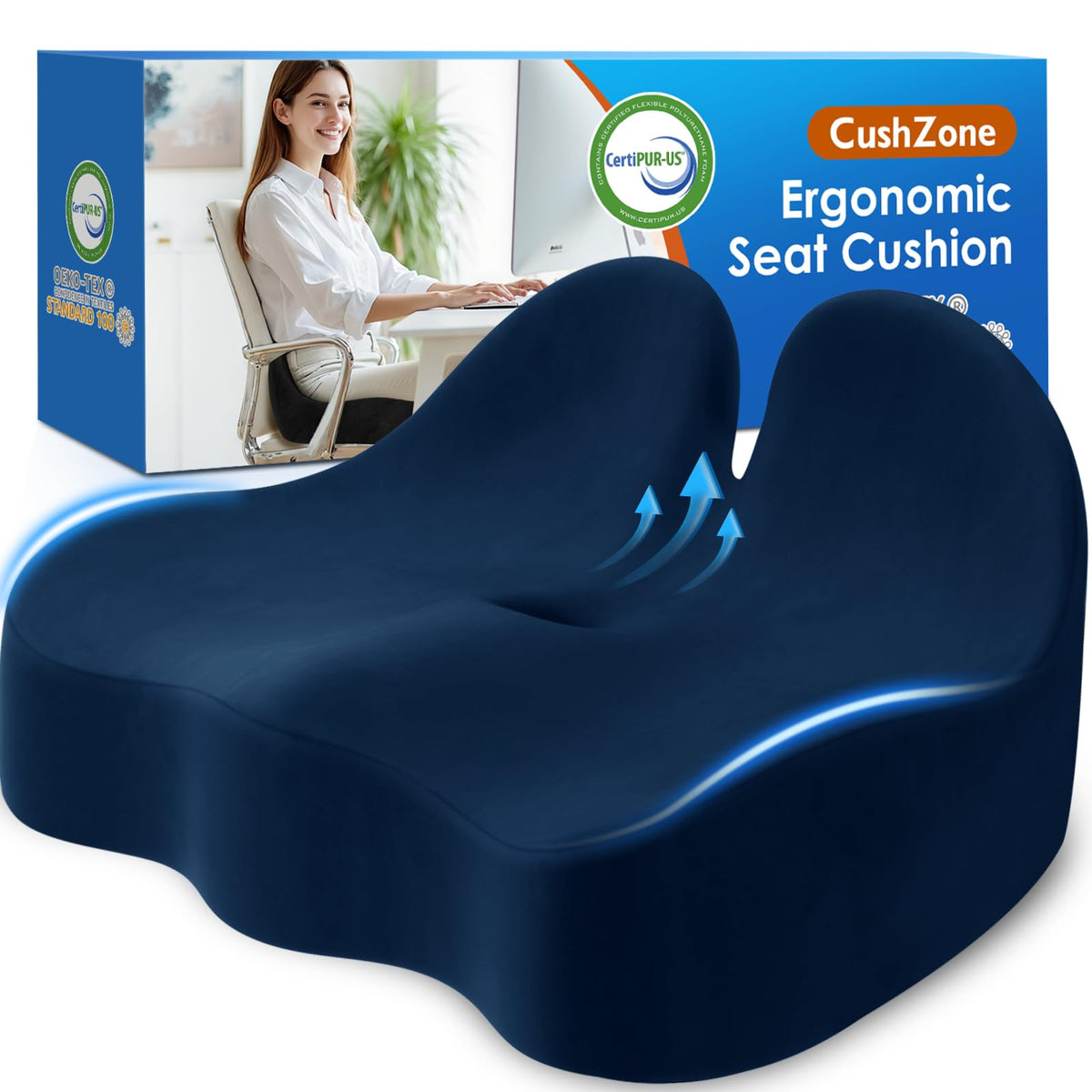 CushZone Ergonomic Seat Cushion, Sciatica Support for Office Chair, Black