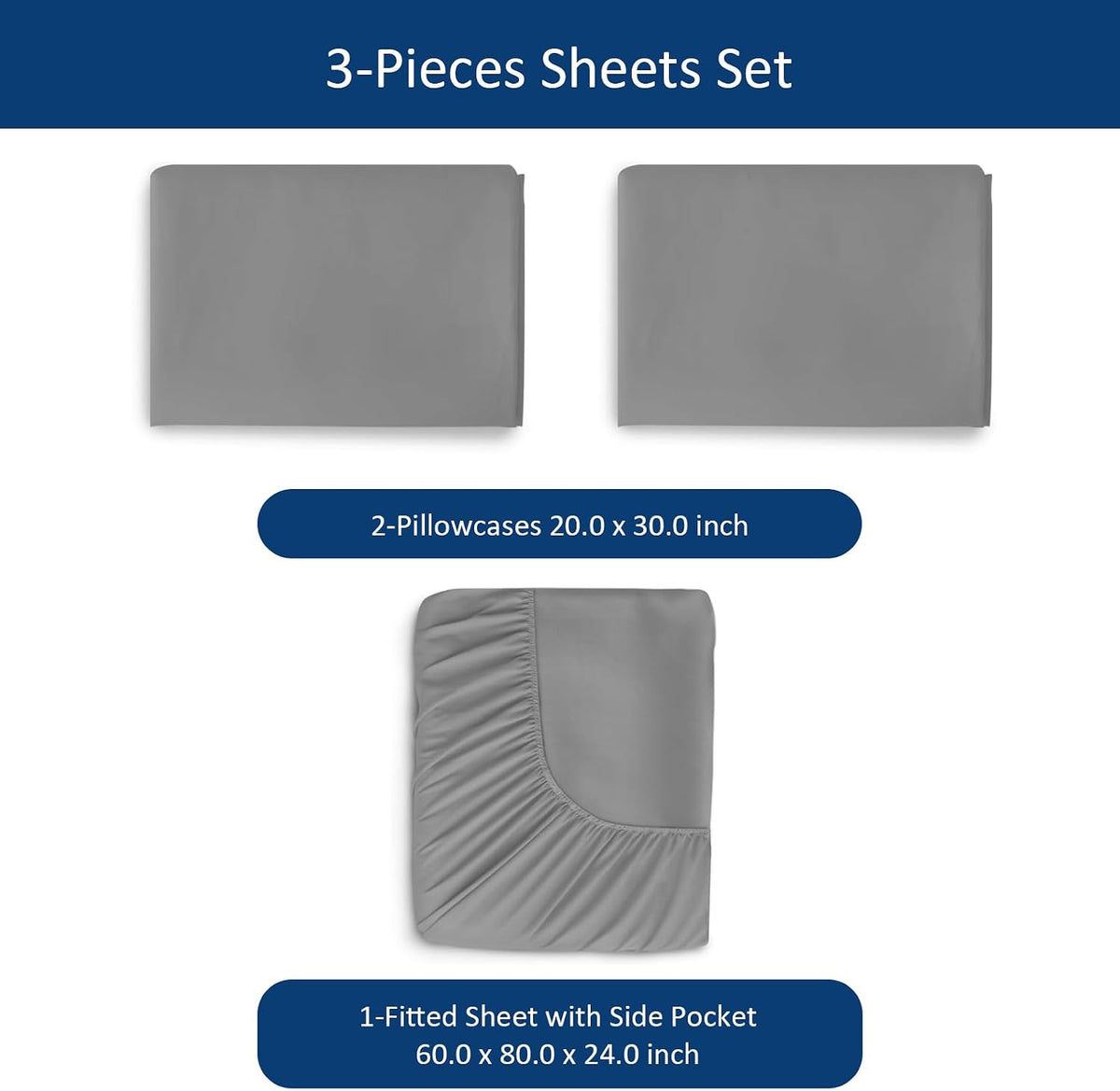 Moonsea Extra Deep Pocket Queen Sheet Sets for Air Mattress - Deep Pocket Sheets Queen Size Sets - Sheets with Pocket on Side - Easily Fits Extra Deep 16 in to 24 in Pillow Top Air Mattress (Grey)