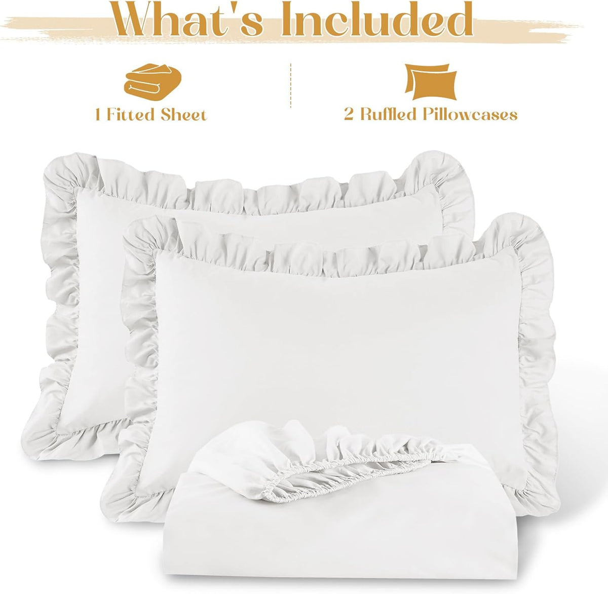 Homiest 3-Piece Ruffle Pillow Case & Fitted Sheet Set, White Full