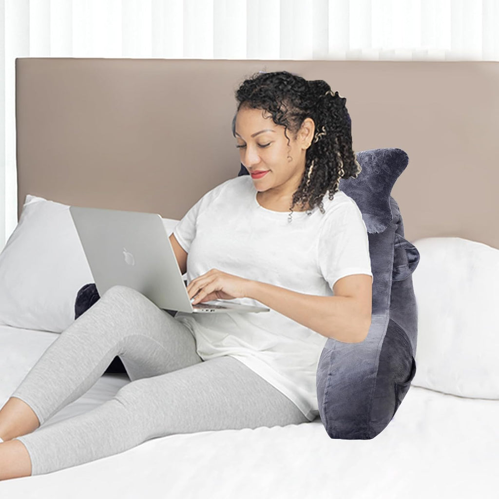 SLIGUY Reading Pillow for Sitting in Bed Couch Adult, Back Pillow with arm Support and Pockets, Adult Back Pillow Bed Chair for Bed Rest, Reading, Watching TV, Gaming for Boys and Girls Dark Grey