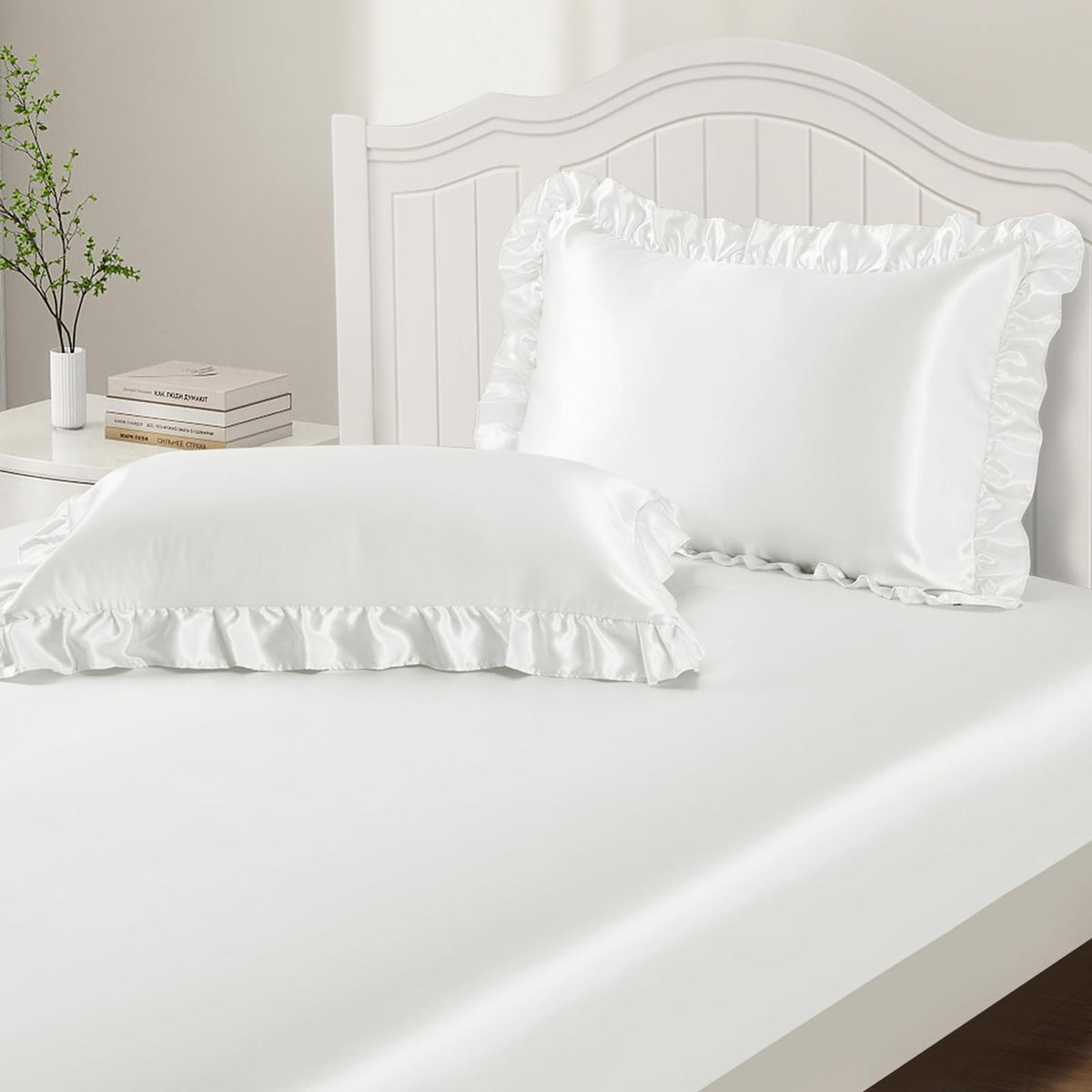 P Pothuiny 3-Piece Set Ruffle Satin Pillowcases & Twin Fitted Sheet