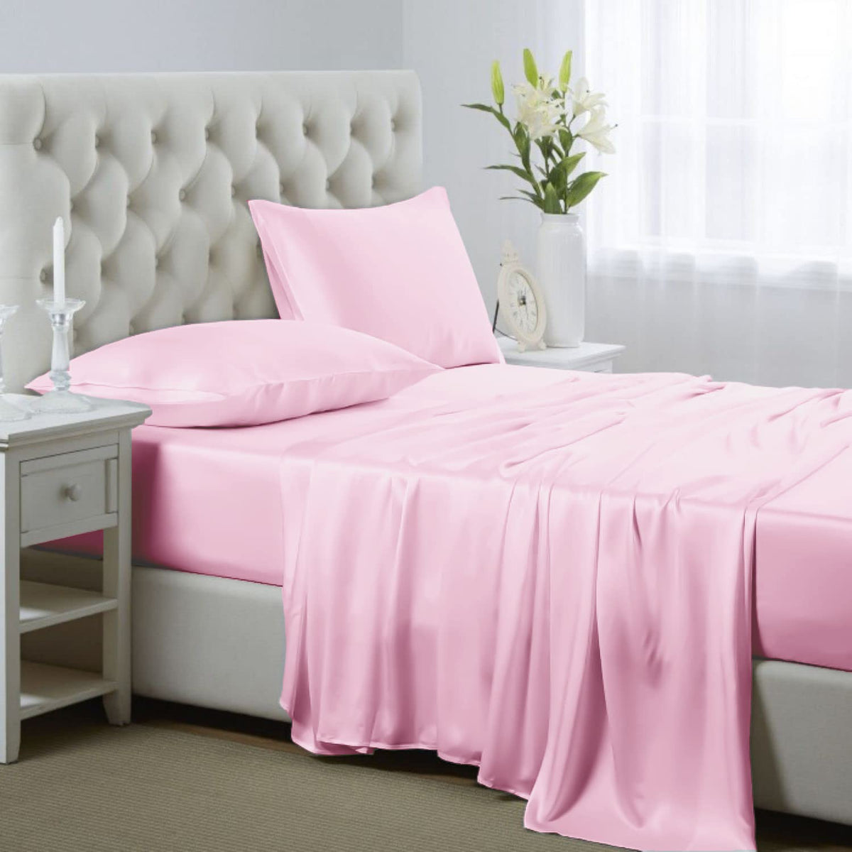 Silk like Satin Sheets, Queen Size Bed Sheet Set, Light Gray, 4 Piece