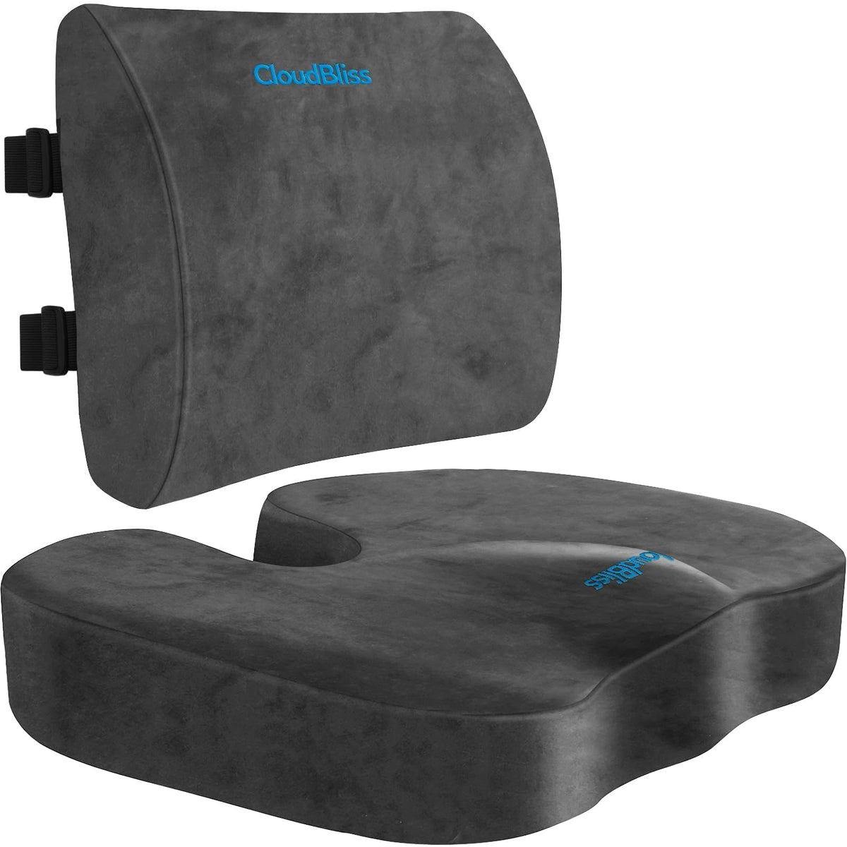 CloudBliss Ergonomic Seat Cushion & Lumbar Support Pillow Set, Black,Large