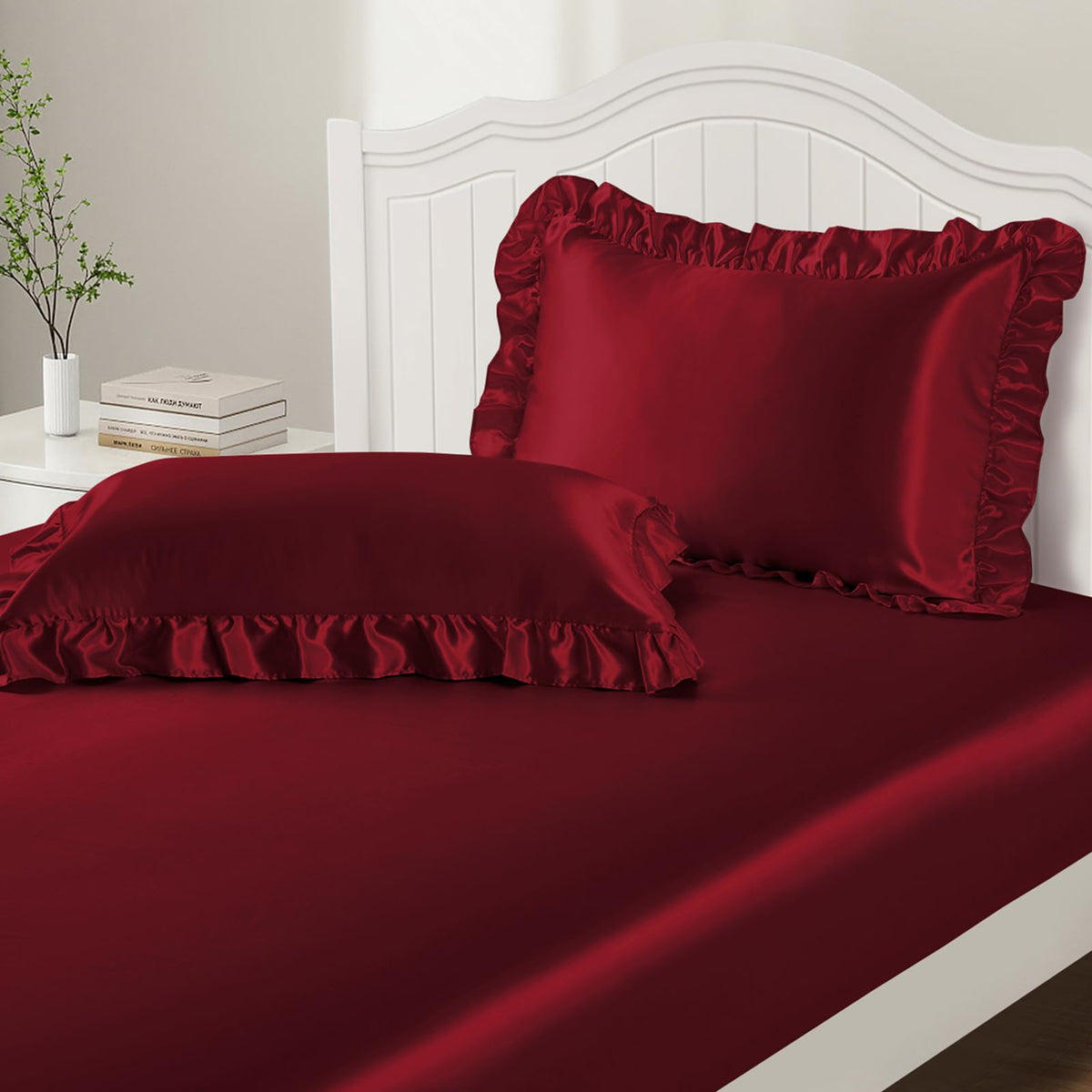 P Pothuiny 3-Piece Set Ruffle Satin Pillowcases & Twin Fitted Sheet