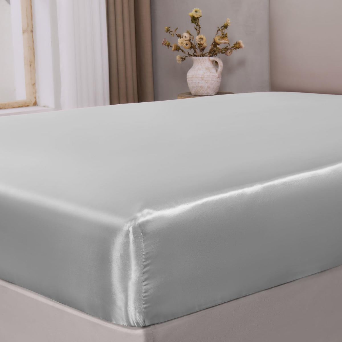 BEDELITE Satin Fitted Sheet Only, Queen Size, 15" Deep Pocket, Black