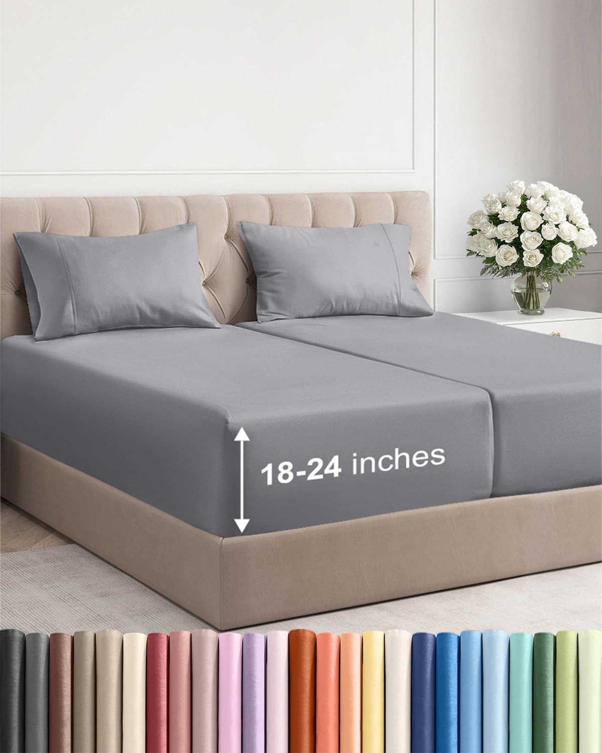 Extra Deep Queen Sheet Set - 4 Piece Breathable Cooling Sheets - Dark Grey
