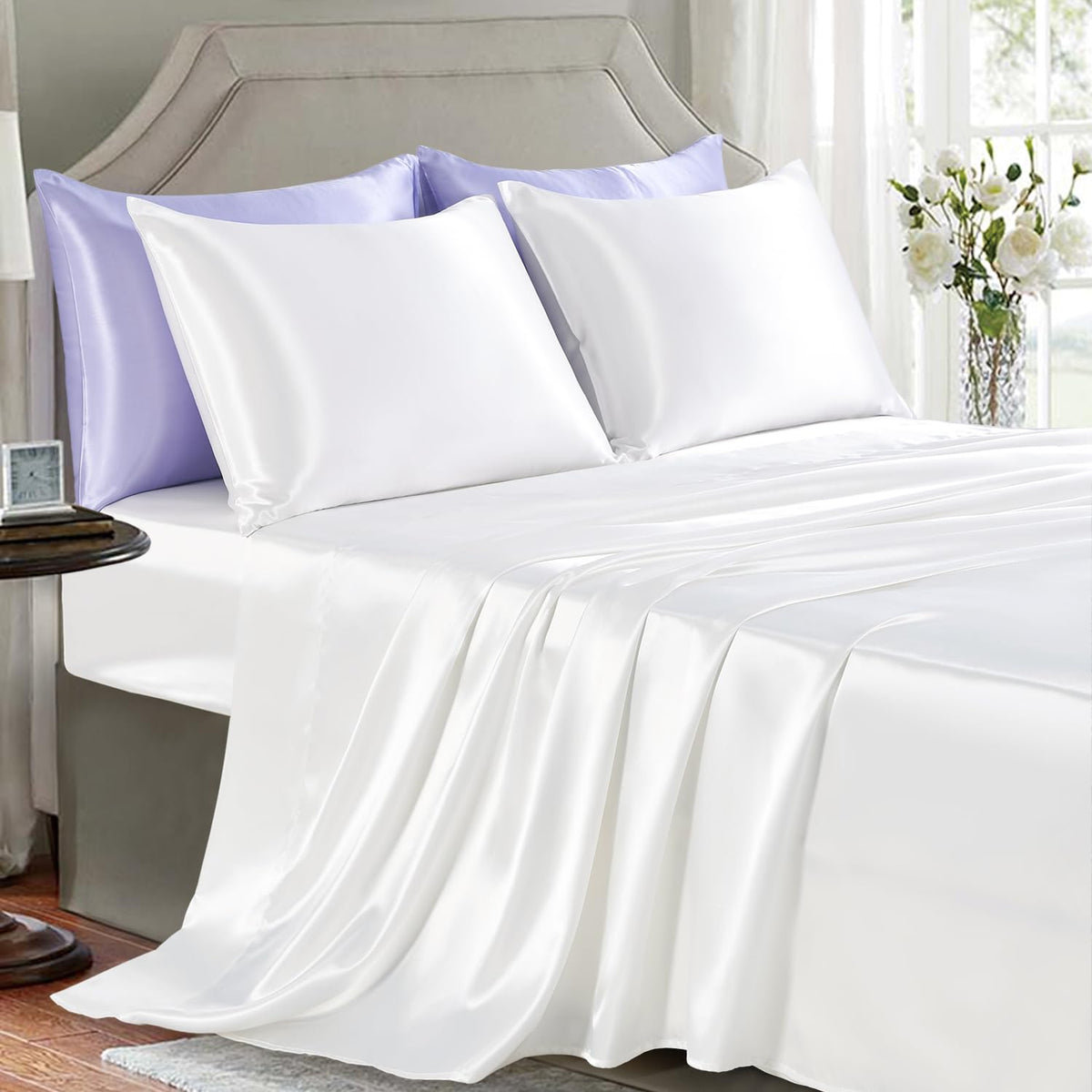 Satin Sheets Full Size - 4 Pieces Luxury Silky Soft Bed Sheets, Wrinkle-Free Black Satin Silk Sheet Set with 1 Deep Pocket Fitted Sheet, 1 Flat Sheet, 2 Pillow Cases