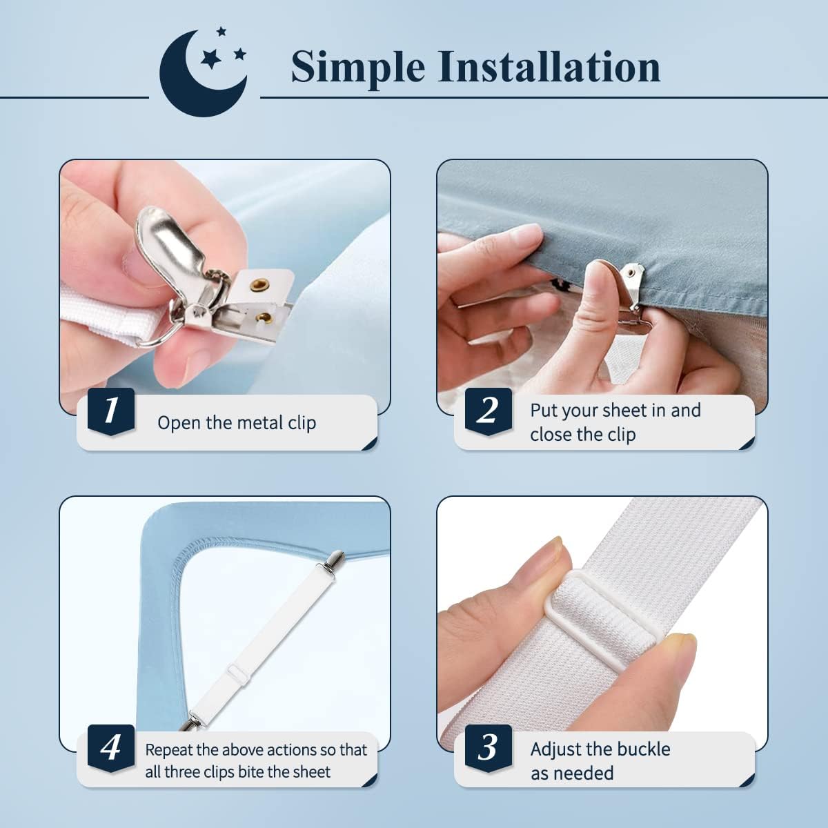 Sopito Sheet Straps, Adjustable Elastic Bed Sheet Holder, 4pcs White