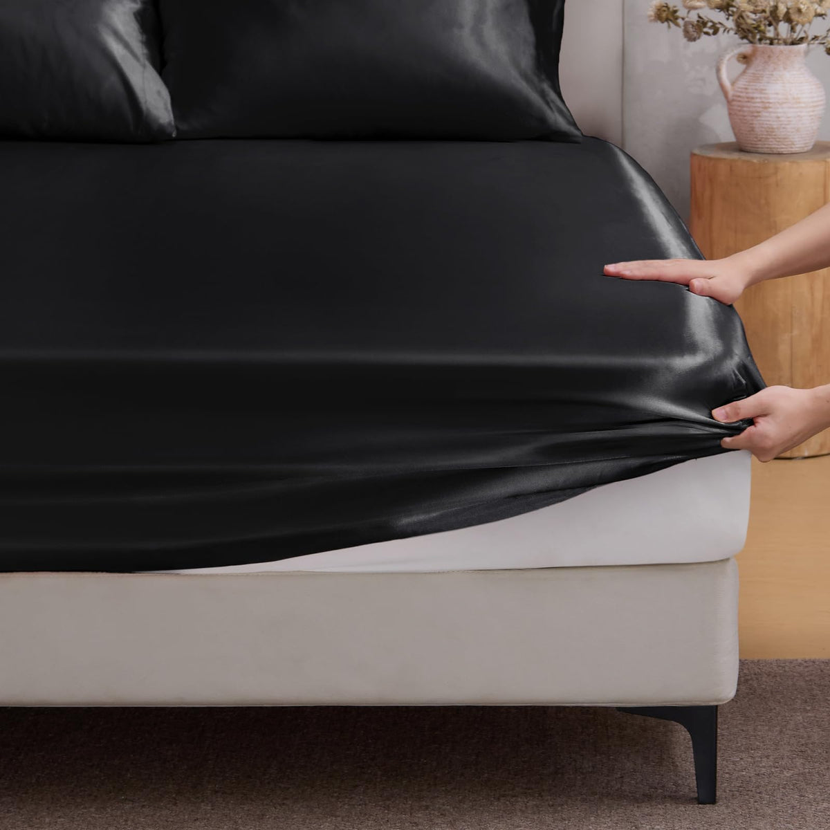 BEDELITE Satin Fitted Sheet Only, Queen Size, 15" Deep Pocket, Black