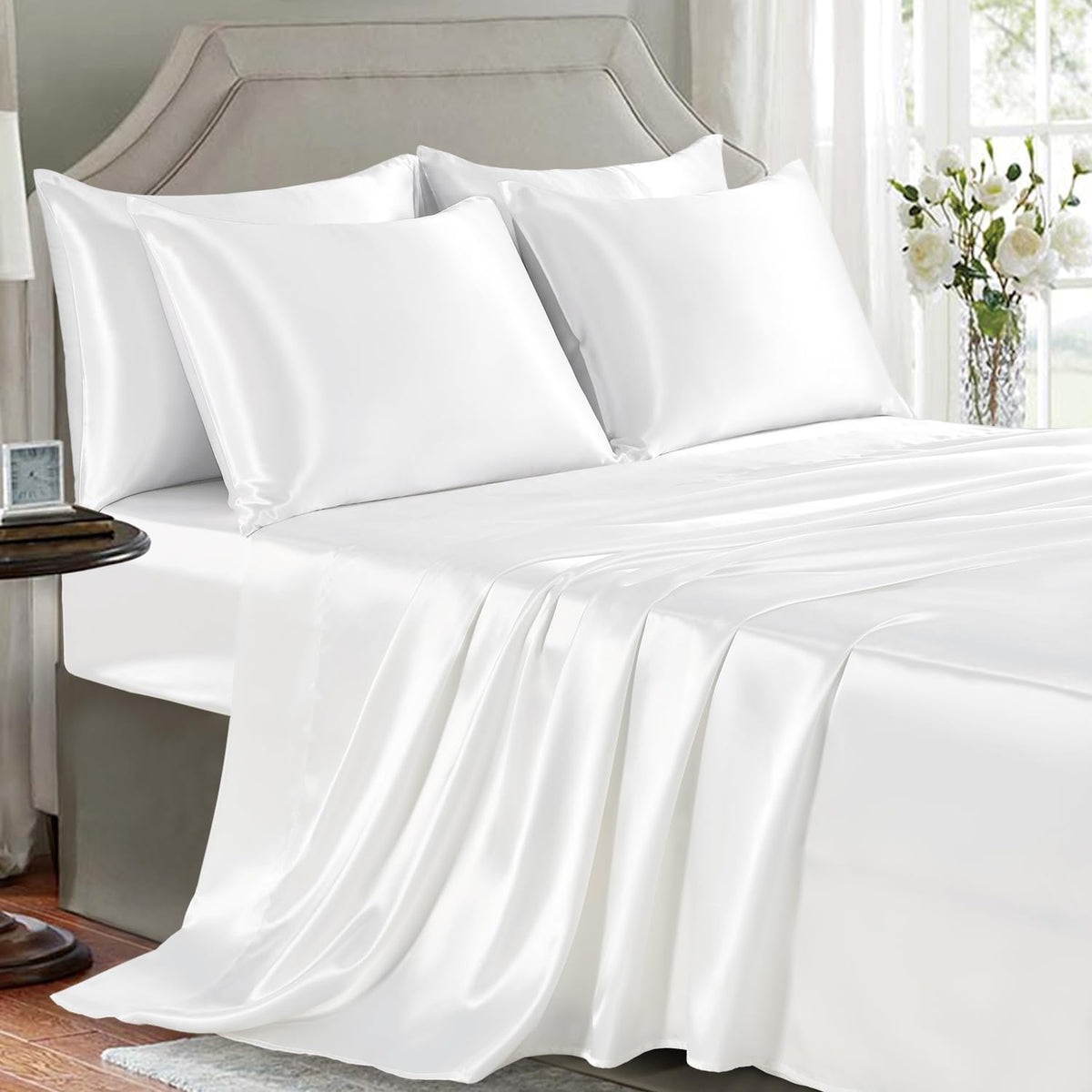 Satin Sheets Full Size - 4 Pieces Luxury Silky Soft Bed Sheets, Wrinkle-Free Black Satin Silk Sheet Set with 1 Deep Pocket Fitted Sheet, 1 Flat Sheet, 2 Pillow Cases