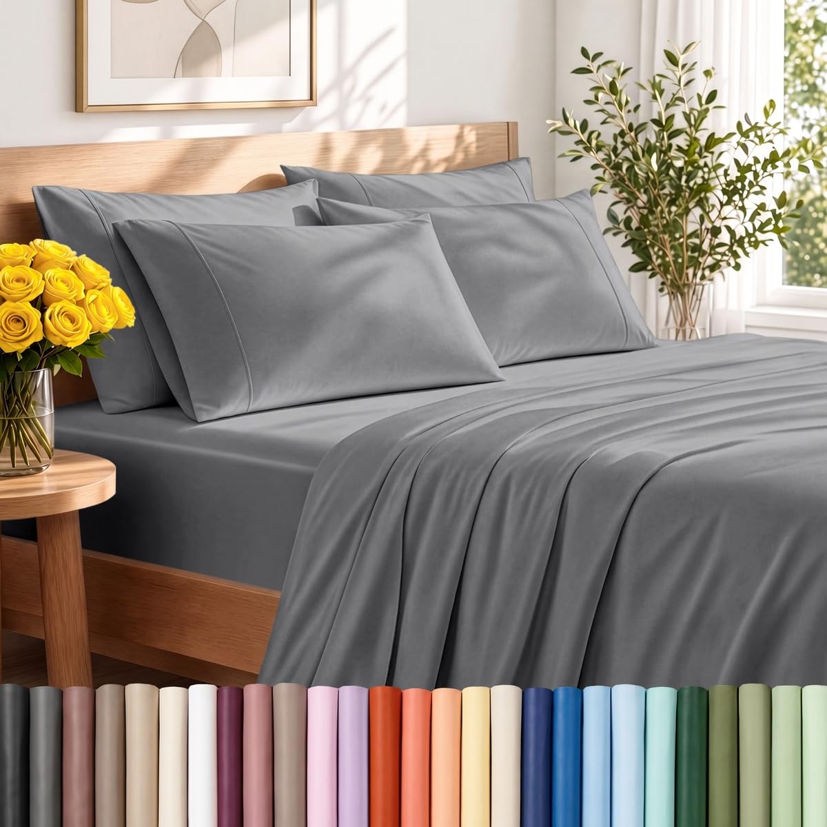 Bare Home Sheet Set 1800 Ultra-Soft with 2 Pillowcases (Twin XL, Light Grey)