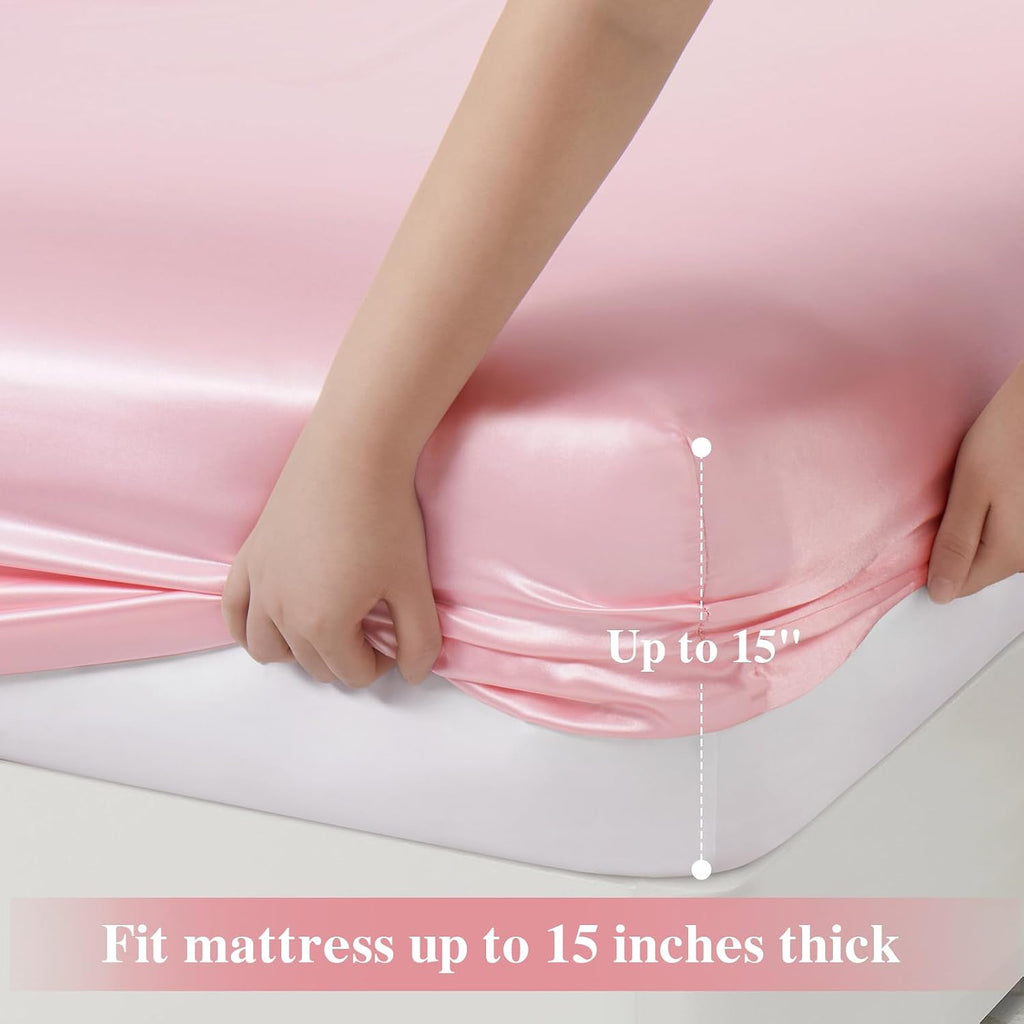 P Pothuiny 3-Piece Set Ruffle Satin Pillowcases & Twin Fitted Sheet