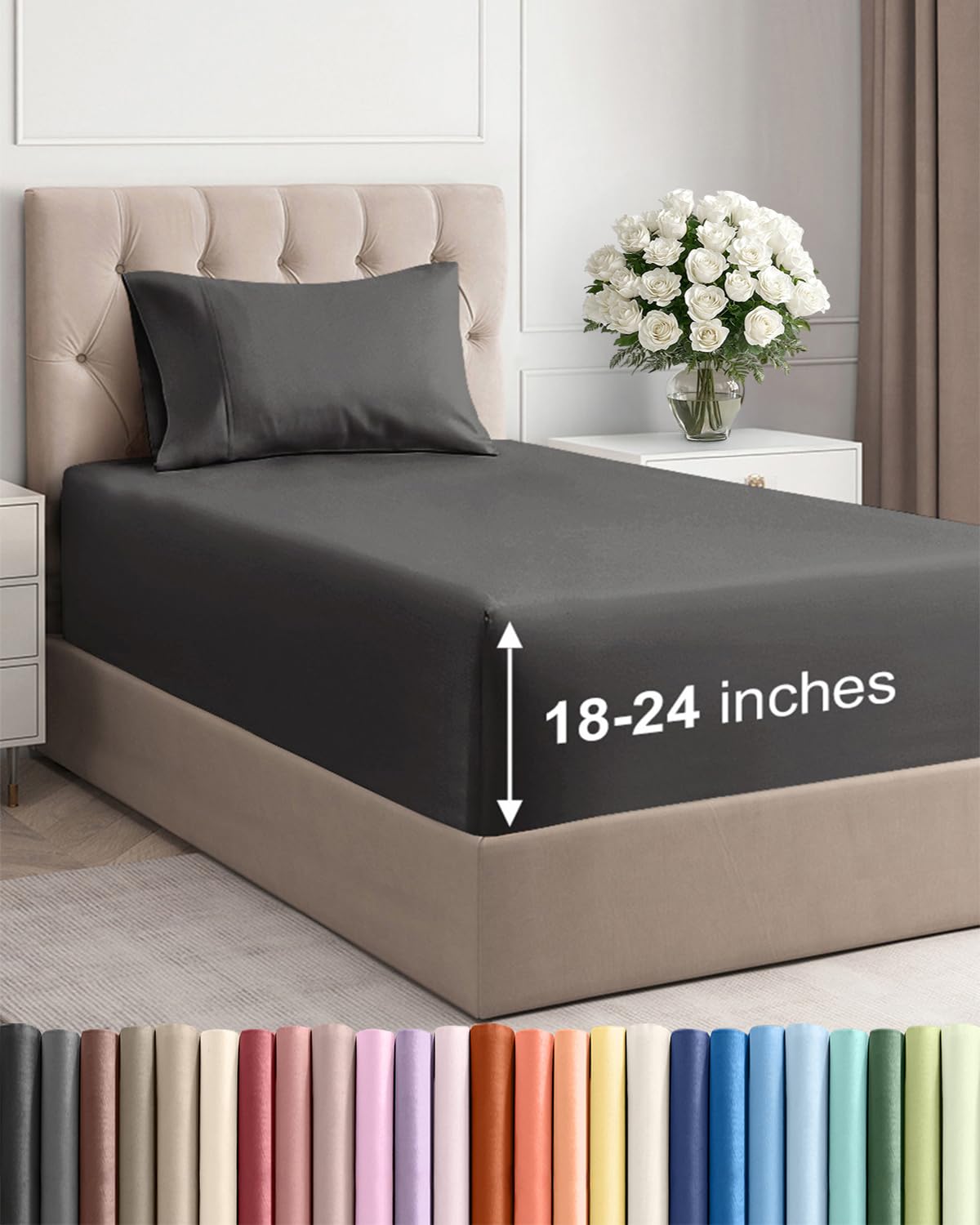 Extra Deep Queen Sheet Set - 4 Piece Breathable Cooling Sheets - Dark Grey