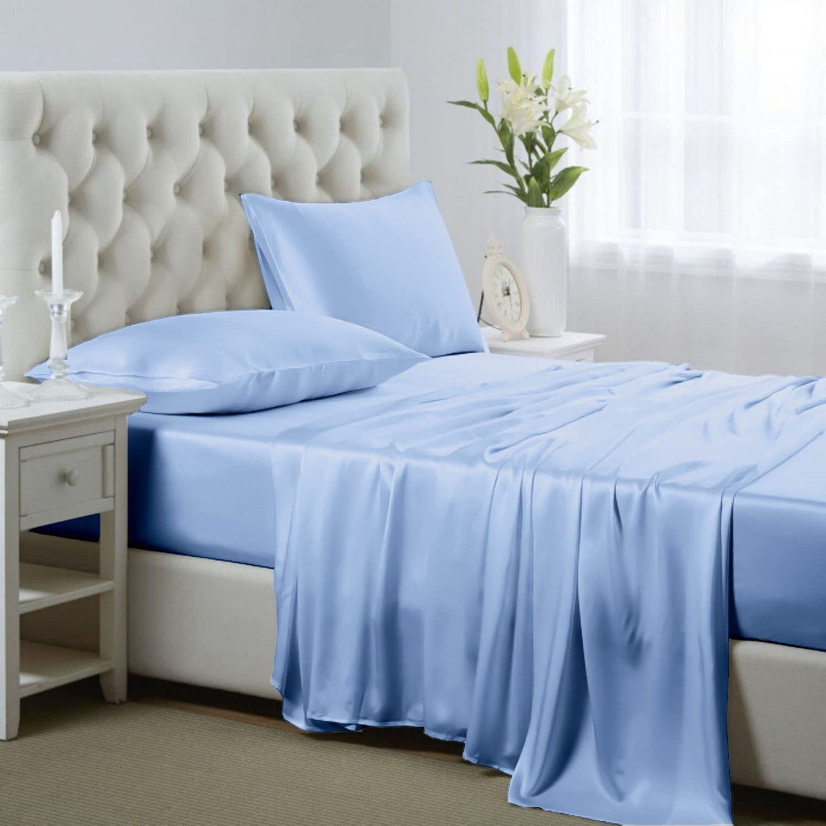 Silk like Satin Sheets, Queen Size Bed Sheet Set, Light Gray, 4 Piece