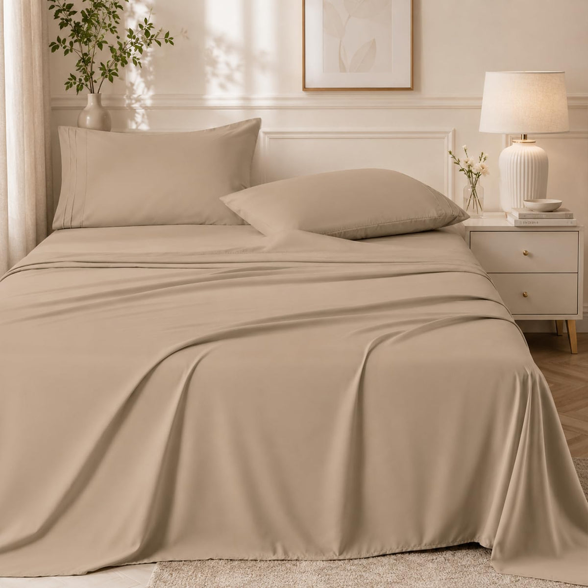 ROSE&RISY White Queen Sheet Set, 4 Pieces Soft Bedding Queen Sheet Set, Breathable and Cooling Sheets, Deep Pocket with 1 Fitted, 1 Flat, 2 Pillow Cases (White, Queen Size)