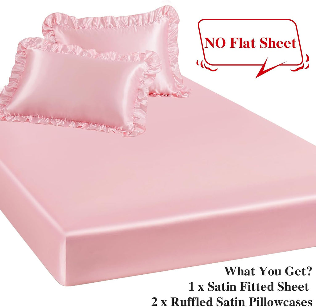 P Pothuiny 3-Piece Set Ruffle Satin Pillowcases & Twin Fitted Sheet