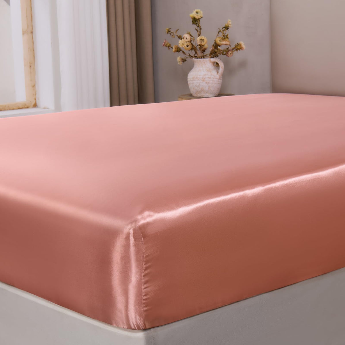 BEDELITE Satin Fitted Sheet Only, Queen Size, 15" Deep Pocket, Black