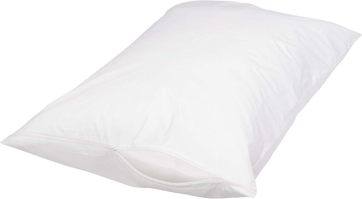 Amazon Basics Queen Pillow Protector with Zipper, 100% Cotton Hypoallergenic, Machine Washable, White, 31 x 21 Inches, Pillows Not Included