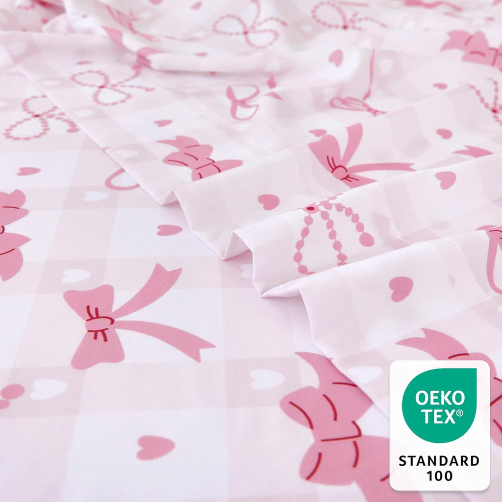 Full Sheet Set Kids - Pink Check 4 Pieces Soft Microfiber Cartoon Style Bedsheets for Boys Girls Teens, Oeko TEX Breathable 15 Inch Deep Pocket Sheets(Pink Bow)