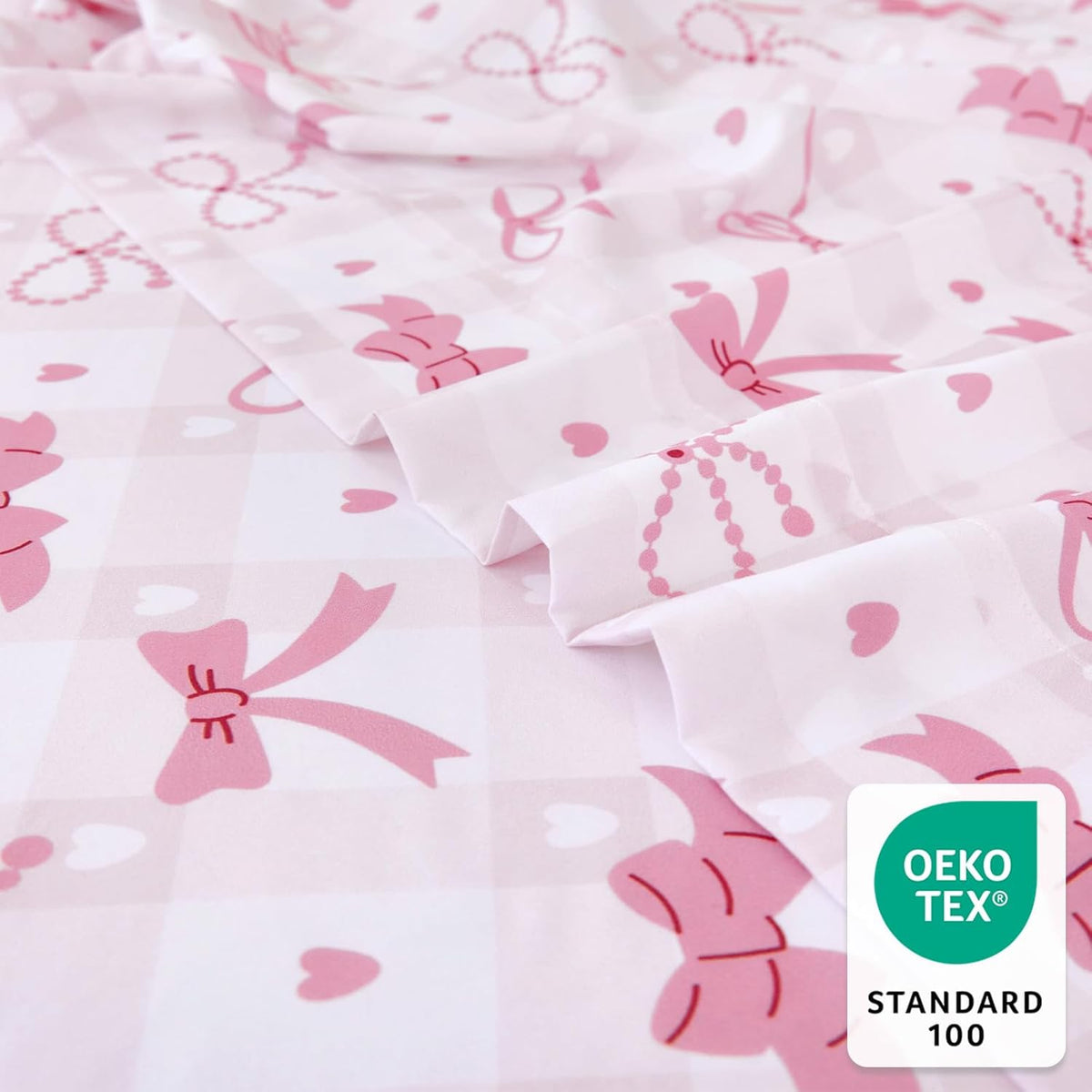 Full Sheet Set Kids - Pink Check 4 Pieces Soft Microfiber Cartoon Style Bedsheets for Boys Girls Teens, Oeko TEX Breathable 15 Inch Deep Pocket Sheets(Pink Bow)