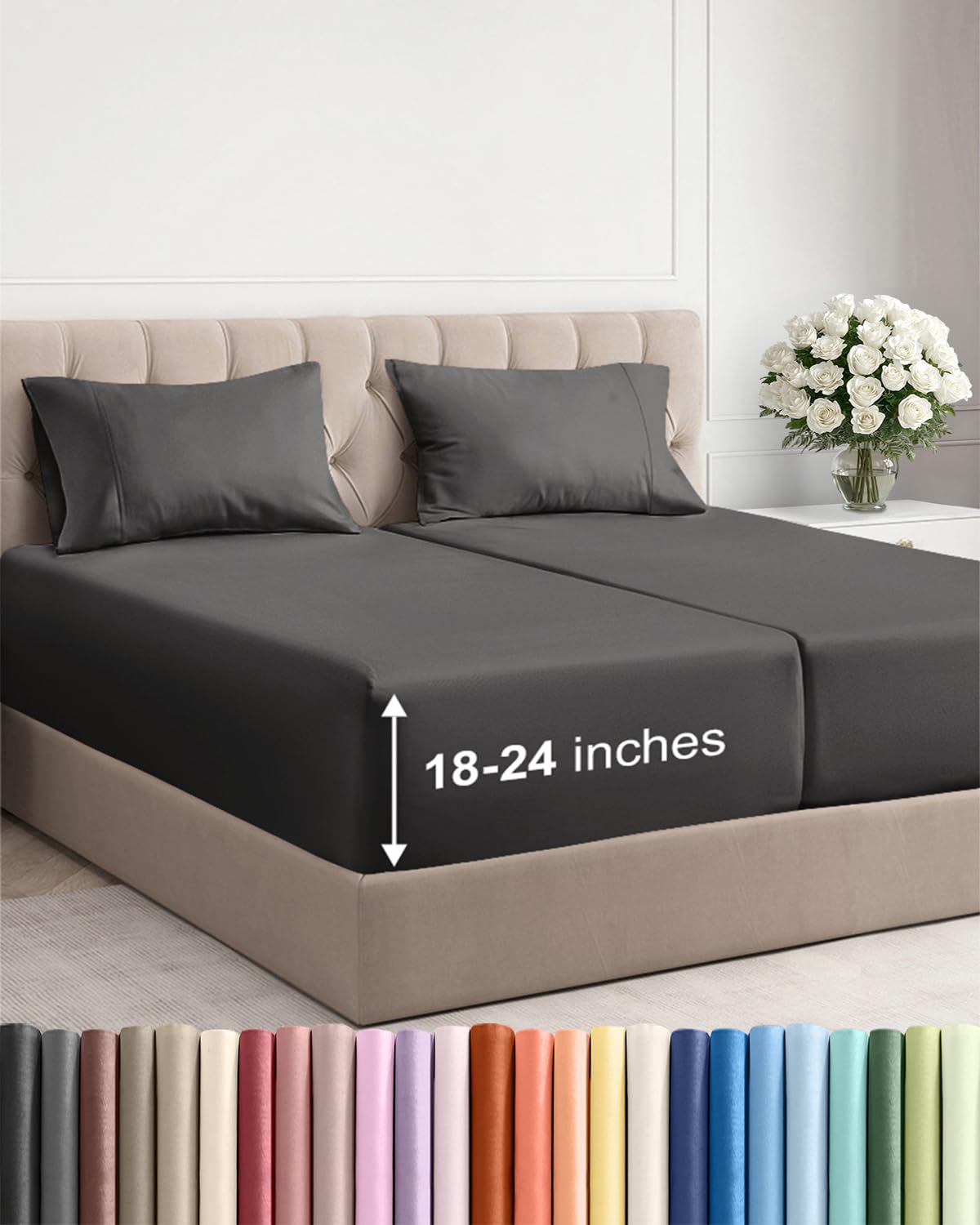Extra Deep Queen Sheet Set - 4 Piece Breathable Cooling Sheets - Dark Grey