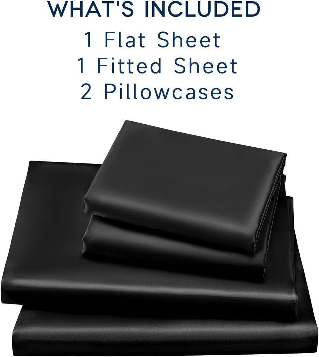 Satin Sheets Full Size - 4 Pieces Luxury Silky Soft Bed Sheets, Wrinkle-Free Black Satin Silk Sheet Set with 1 Deep Pocket Fitted Sheet, 1 Flat Sheet, 2 Pillow Cases