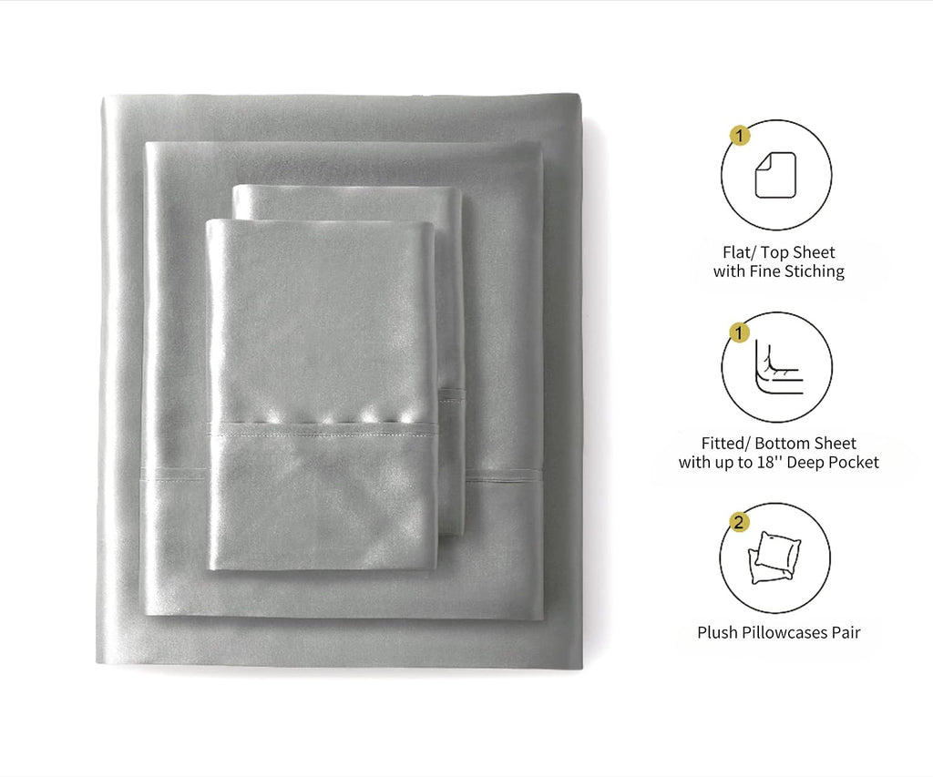 Silk like Satin Sheets, Queen Size Bed Sheet Set, Light Gray, 4 Piece