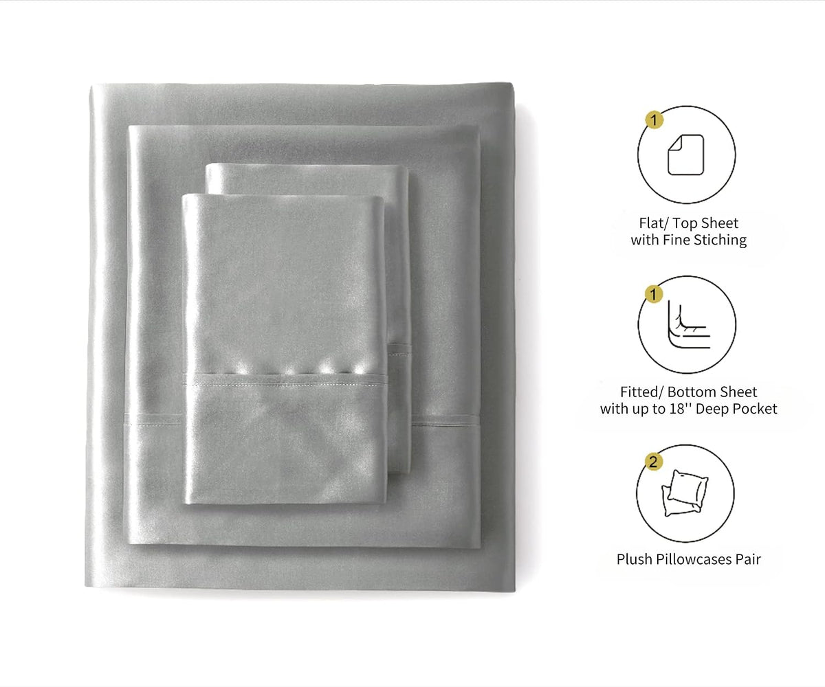 Silk like Satin Sheets, Queen Size Bed Sheet Set, Light Gray, 4 Piece