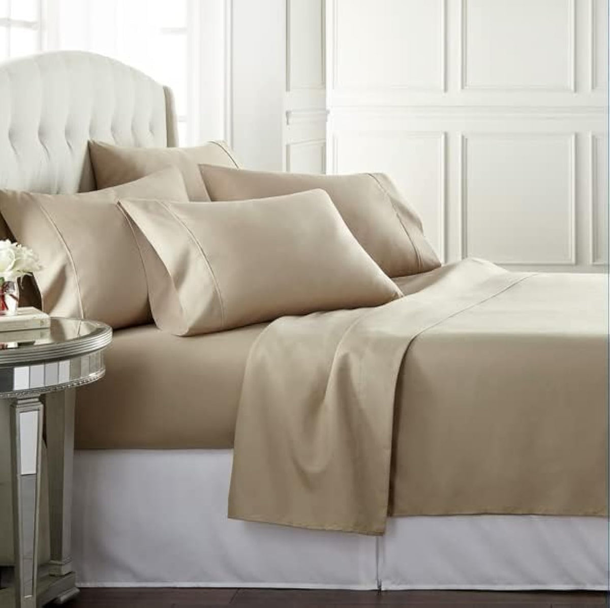 Danjor Linens Bed Sheet Set Queen Size for Hot Sleepers, Hotel Premium Sheets with 4 Pillowcases, Lightweight Brushed Microfiber Deep Pockets, Breathable Cooling 6 Piece Bedding Sets, White