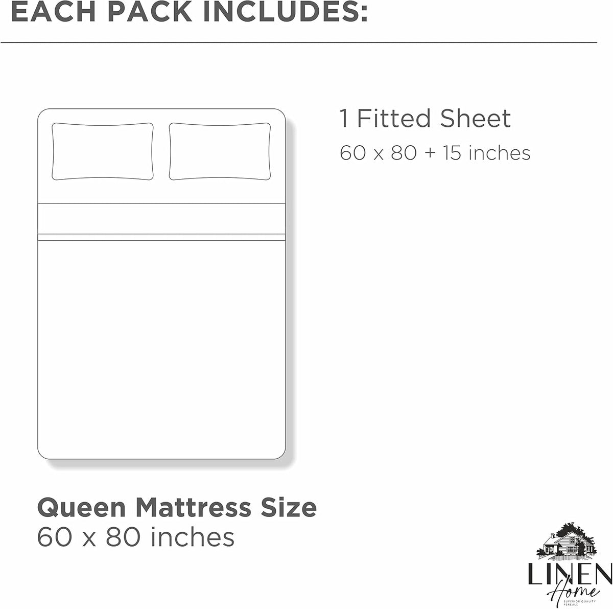 Linen Home Queen Size Fitted Sheet only 100% Cotton Percale, White