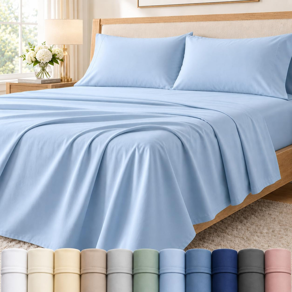 Queen Sheet Set, 400 Thread Count Bed Sheets Queen Size Set - French Blue