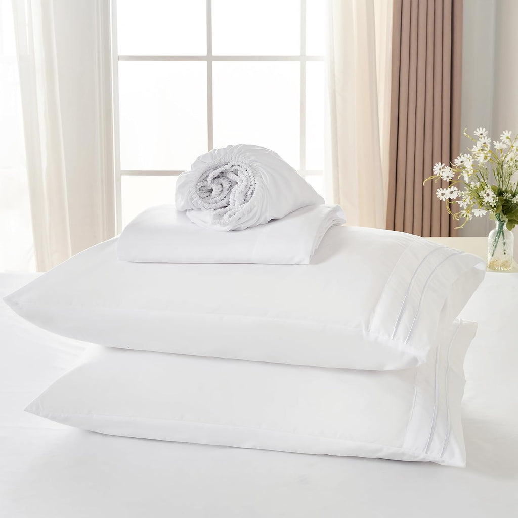 ROSE&RISY White Queen Sheet Set, 4 Pieces Soft Bedding Queen Sheet Set, Breathable and Cooling Sheets, Deep Pocket with 1 Fitted, 1 Flat, 2 Pillow Cases (White, Queen Size)