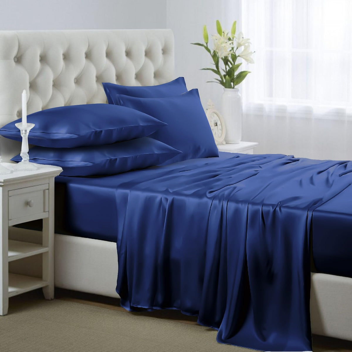 Silk like Satin Sheets, Queen Size Bed Sheet Set, Light Gray, 4 Piece