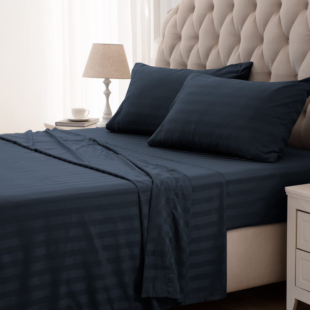 SLEEP ZONE Striped Cooling Queen Sheets Set - Fitted Flat Sheet & Pillowcase Sets 4 Piece - Super Soft Stripe Bed Sheet, Easy Care, Deep Pocket (Teal, Queen)