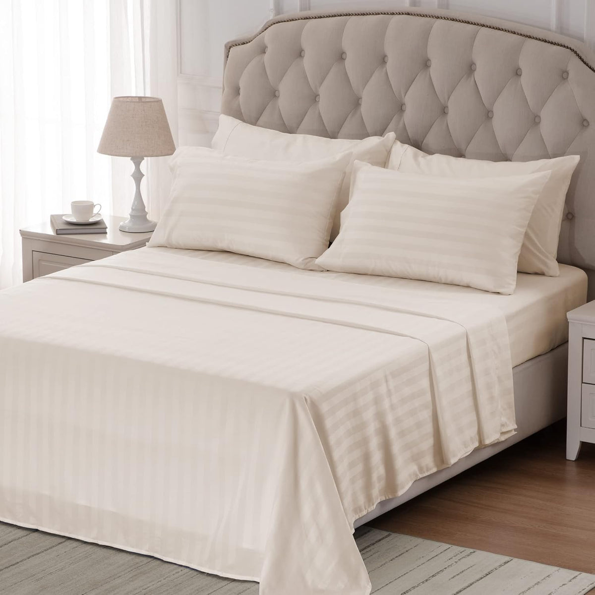 SLEEP ZONE Striped Cooling Queen Sheets Set - Fitted Flat Sheet & Pillowcase Sets 4 Piece - Super Soft Stripe Bed Sheet, Easy Care, Deep Pocket (Teal, Queen)