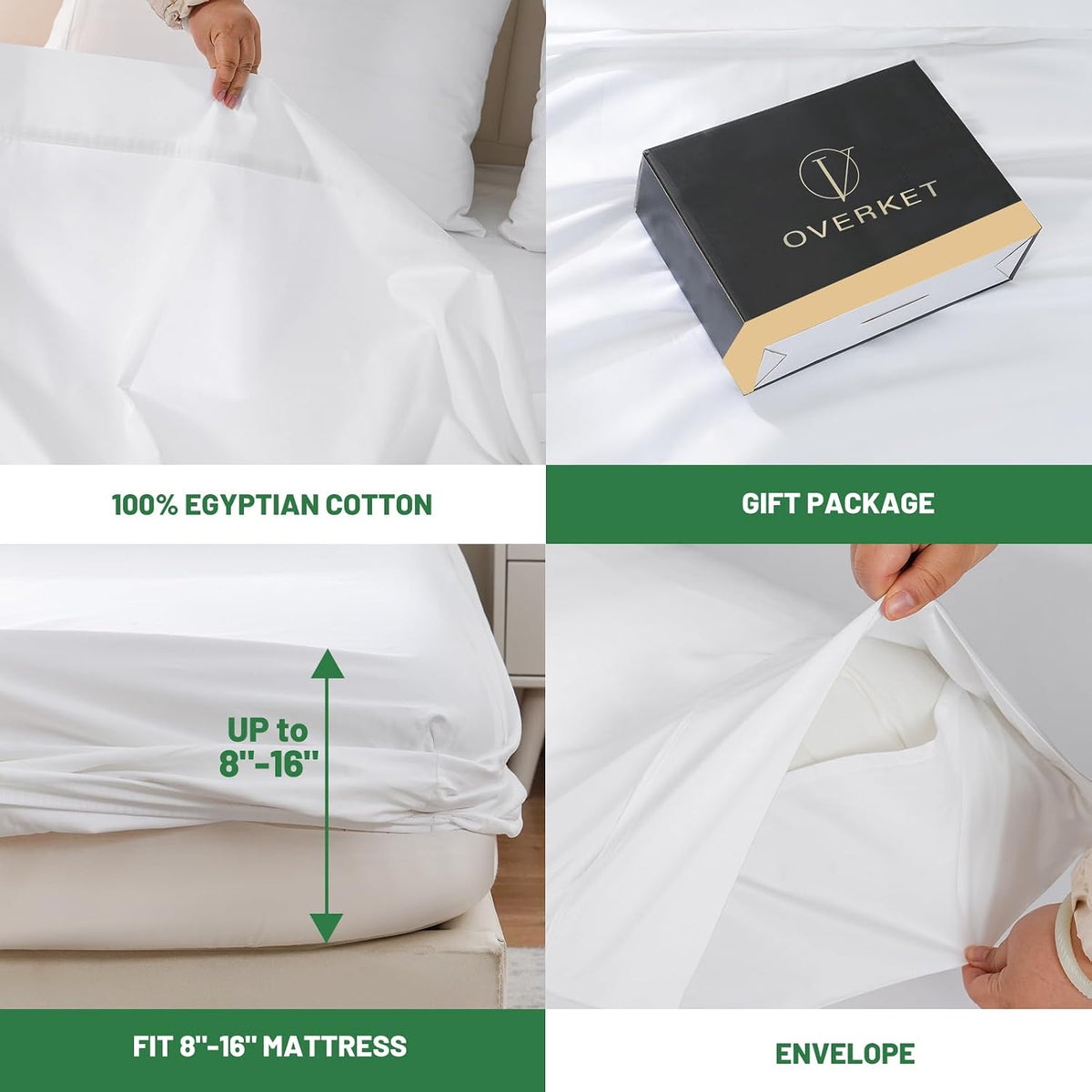 1000 Thread Count Egyptian Cotton Sheets Queen Size Set 4PCS Sateen Weave Soft Breathable 16-Inch Deep Pocket（Queen,White）