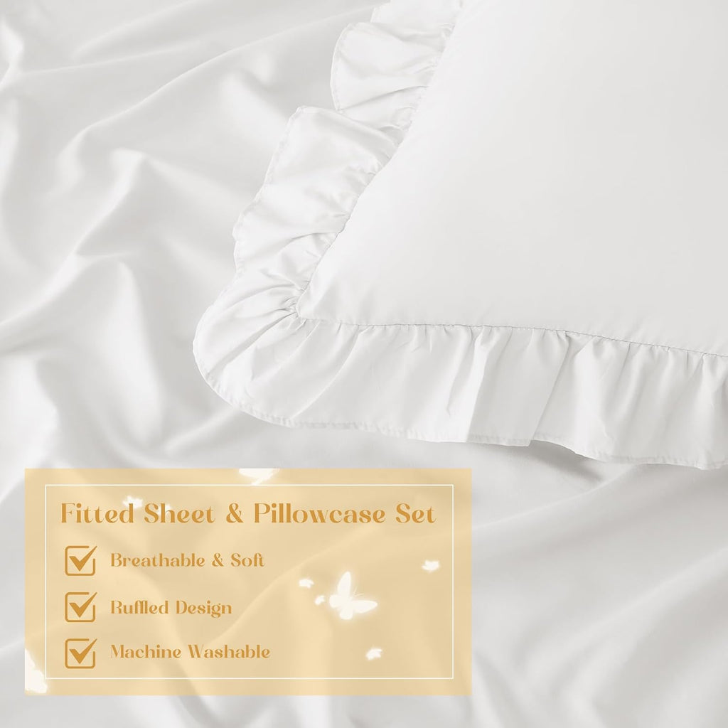 Homiest 3-Piece Ruffle Pillow Case & Fitted Sheet Set, White Full