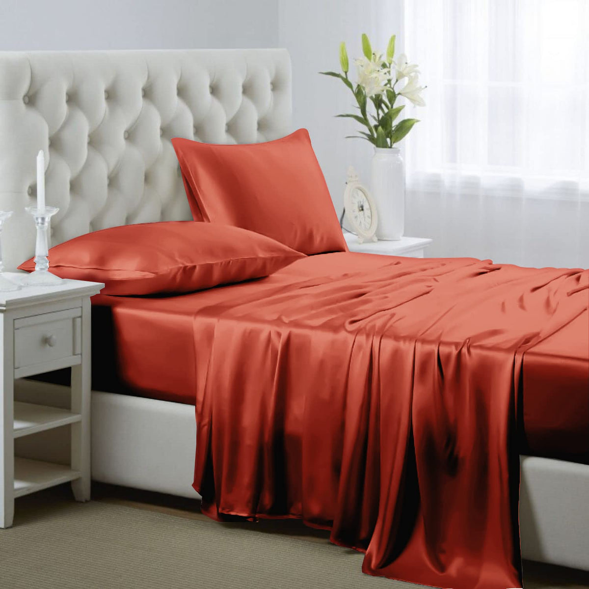 Silk like Satin Sheets, Queen Size Bed Sheet Set, Light Gray, 4 Piece