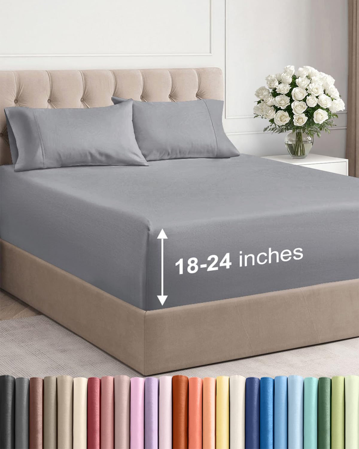 Extra Deep Queen Sheet Set - 4 Piece Breathable Cooling Sheets - Dark Grey