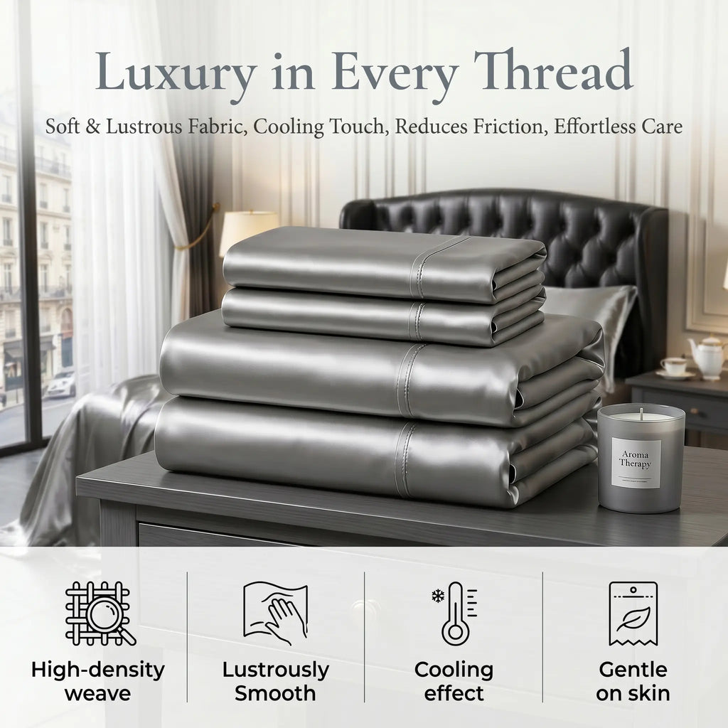 Solid Color Satin Sheets Set 3/4-Piece – Includes Flat Sheet, Fitted Sheet and Pillowcases, Ultra-Silky & Breathable with Natural Luster, Hotel Quality Bedding top sheet summerwins luxury cozy, Machine Wash, satin bed sheets, Skin-Friendly
