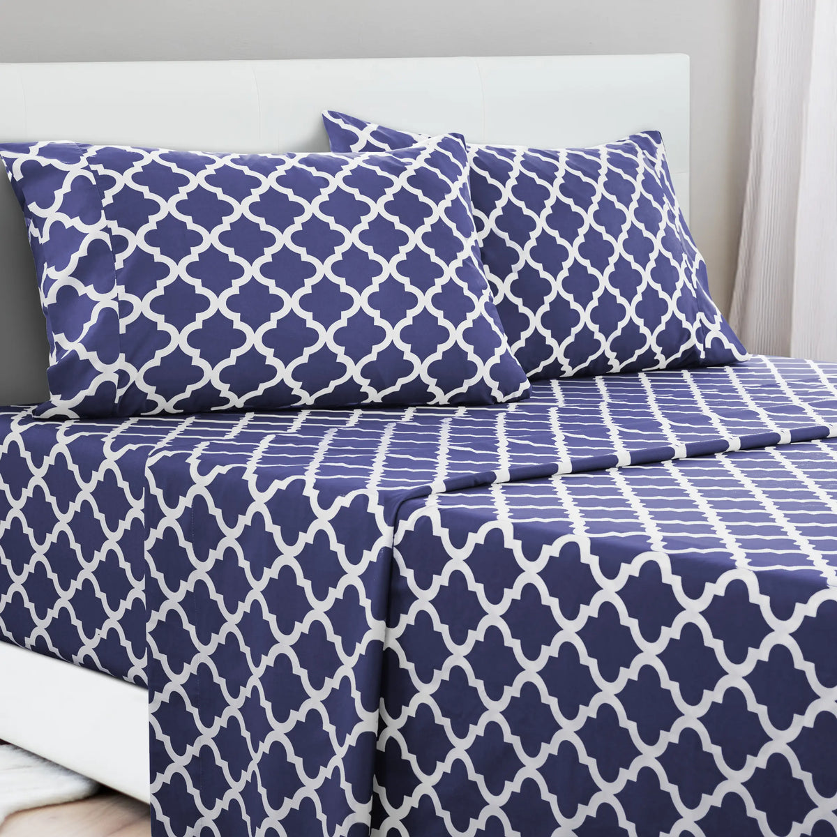 LDC Lux Decor Collection 4-Piece Soft Breathable Decorative Bedsheet Set - 16" Deep Pocket, Floral Bedding, Embroidered Pillowcases, Quatrefoil Design, Fade-Resistant for Long Use, Breathable Warm, Fits Queen/King/California King